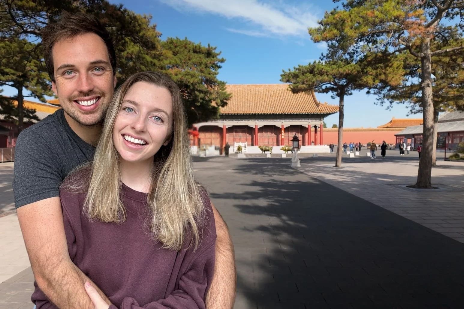 Emma and James from the UK smiling in the Forbidden City, Beijing