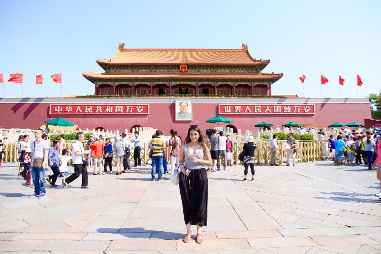 Maria from Spain in front of Tiananmen gate on a sunny morning