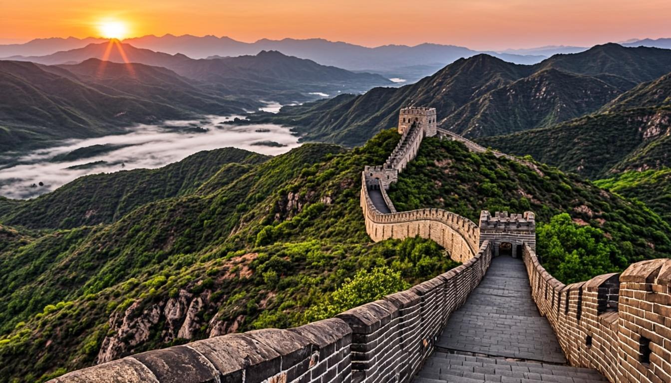 日出时分,长城在苍翠云雾的群山间蜿蜒